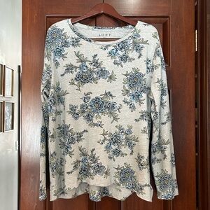 LOFT Blue Floral Long Sleeve Top Women’s XXL Gray Cotton